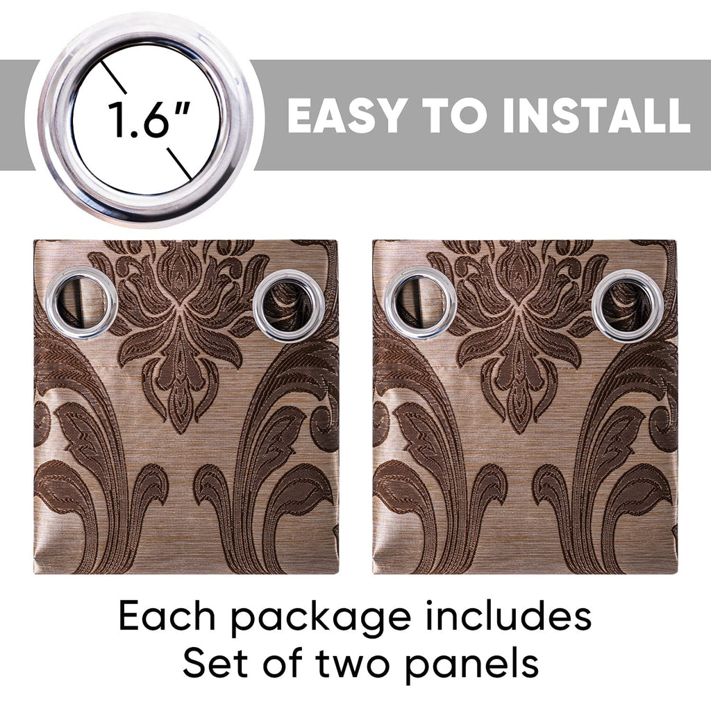 Brown Damask Grommet Curtains, Set of Two