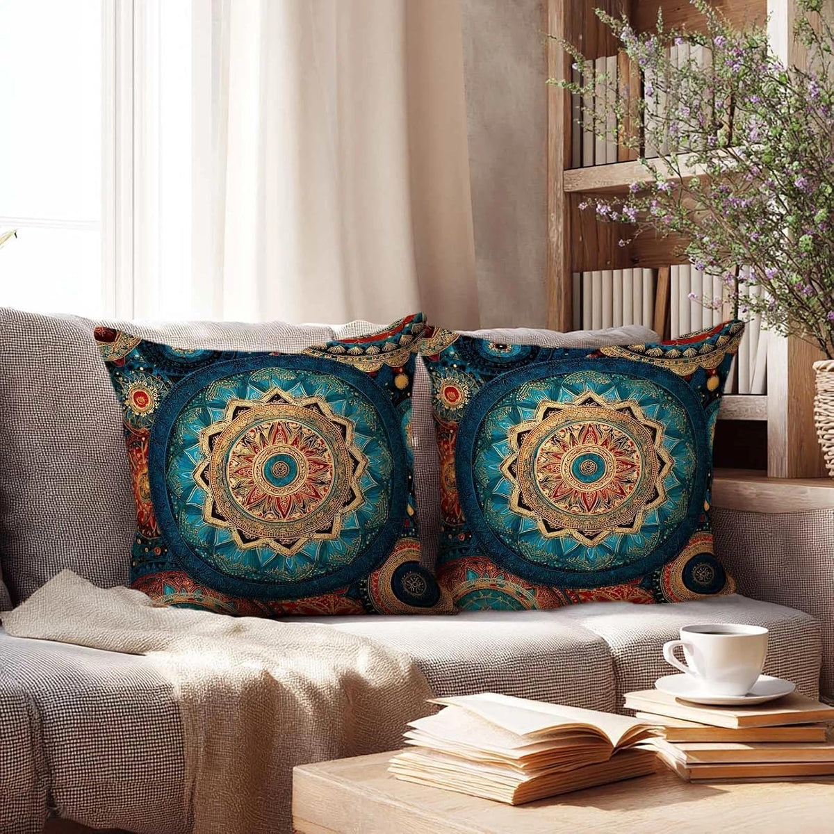 Teal Boho Mandala Throw Pillow Covers 18x18 Set of 2