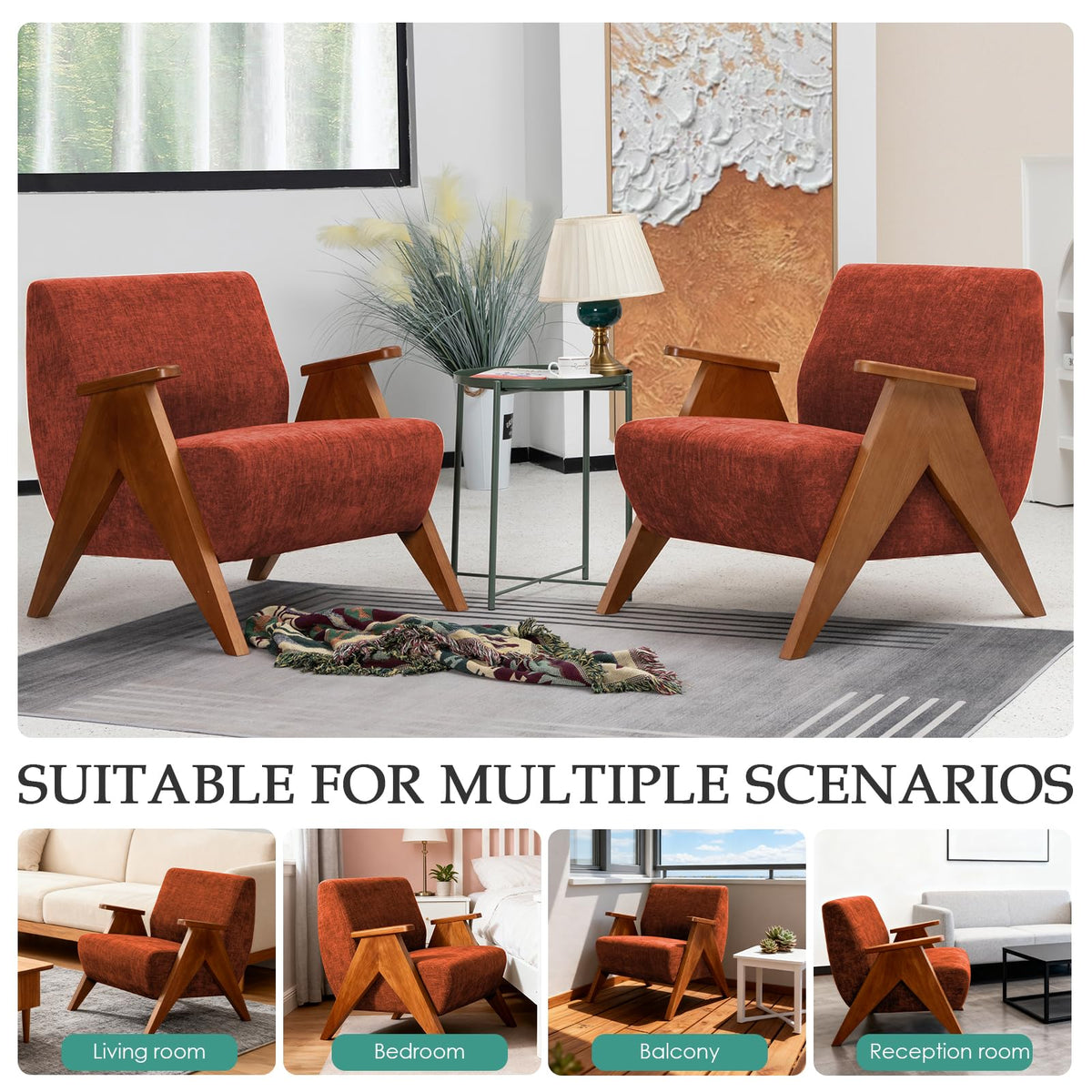 2 Pcs Home Accent Chair Mid Century Modern Accent Chair with Wood Frame
