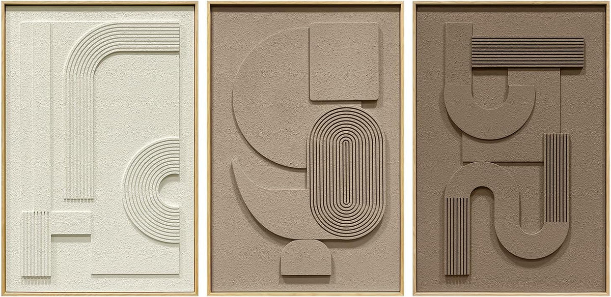 Abstract Geometric Relief Wall Art – Framed Triptych