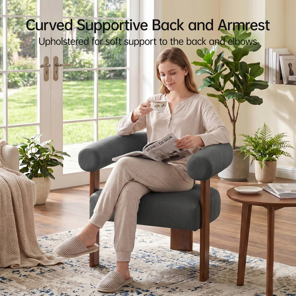 Usaint Upholstered Barrel Accent Chair with Walnut Wood Legs and Armrests