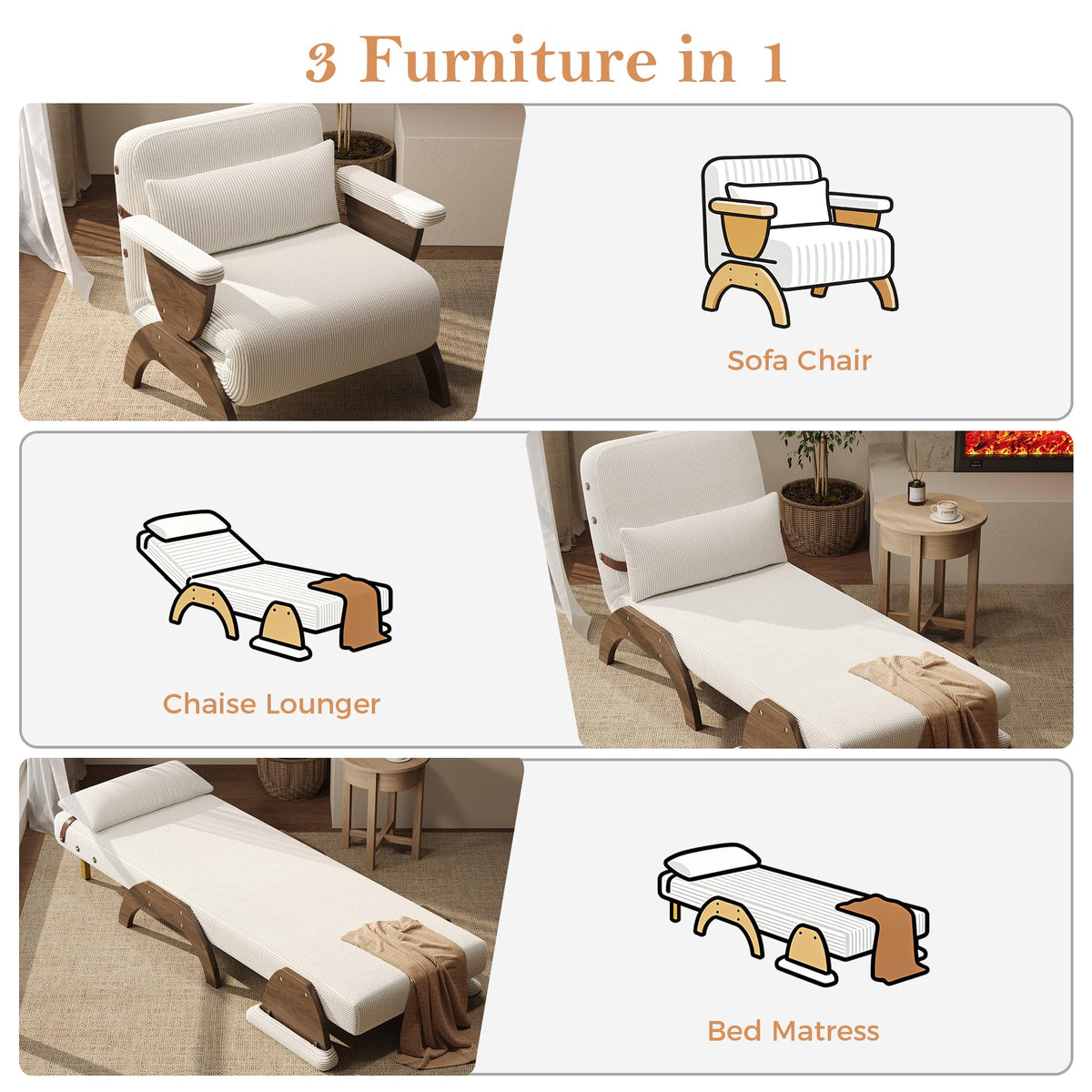 JASIWAY 47" 3-in-1 Convertible Sofa Sleeper Chair Bed for Adults, Futon