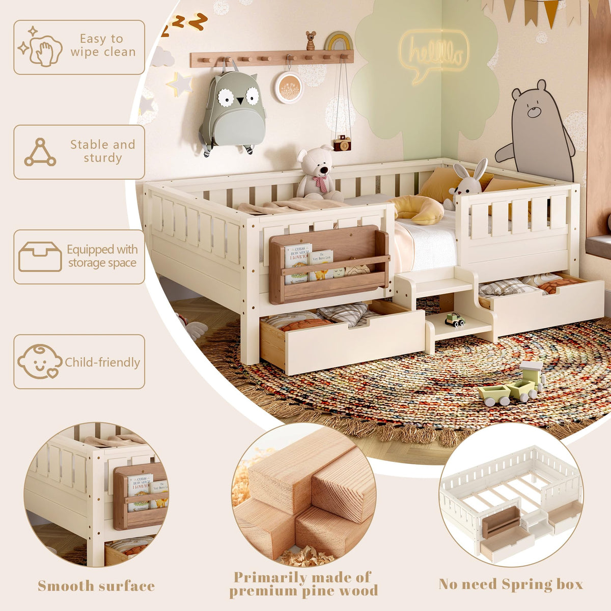 Montessori Bed with Stairs, Bookshelf & Storage Drawers