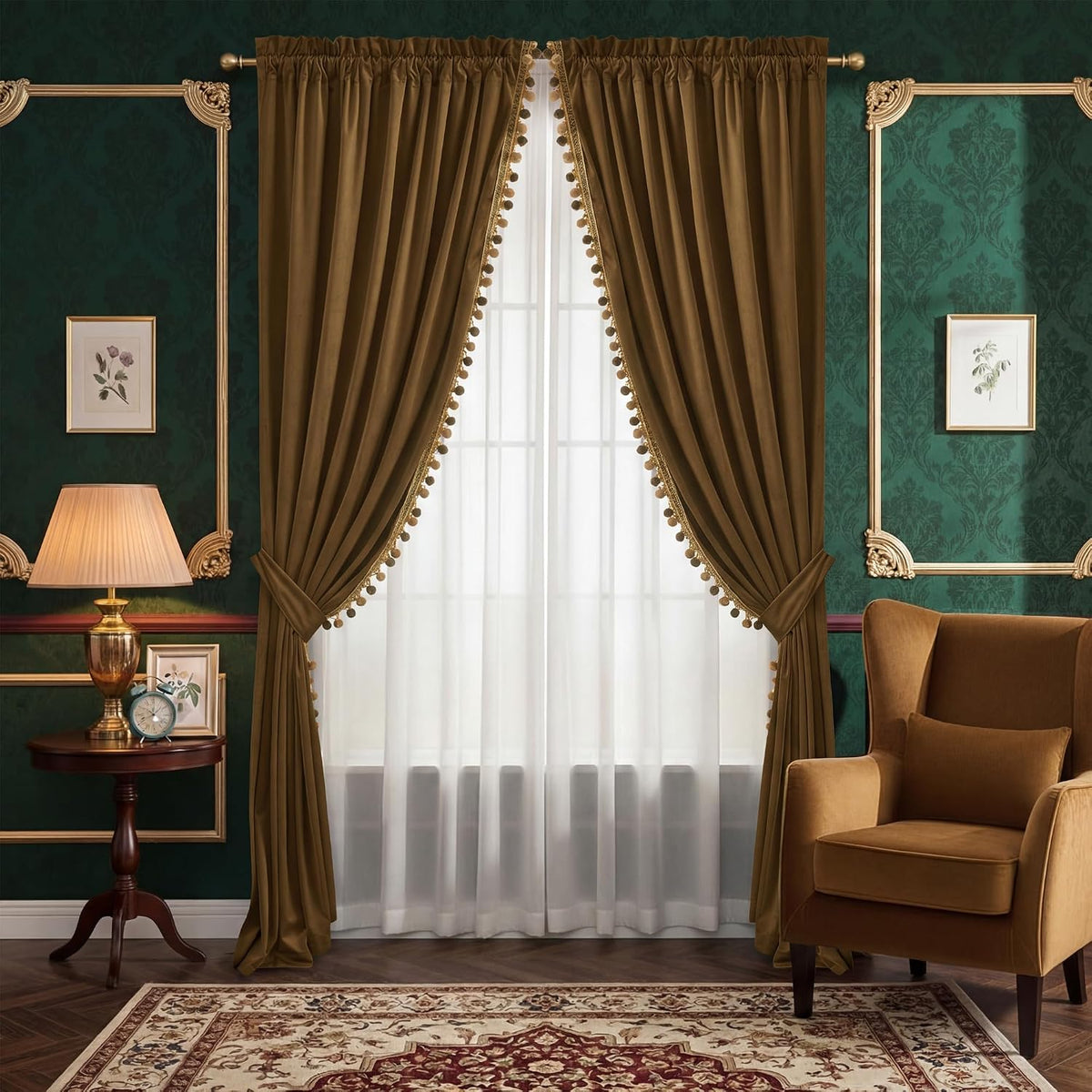 Pom-Pom Velvet Curtain Set with Tiebacks