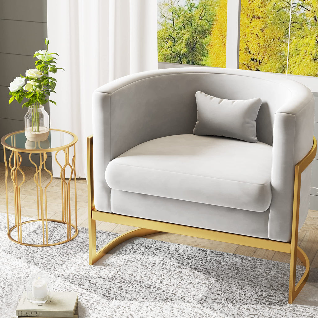 Velvet Accent Chair Ivory Modern Barrel Chair with Gold Legs