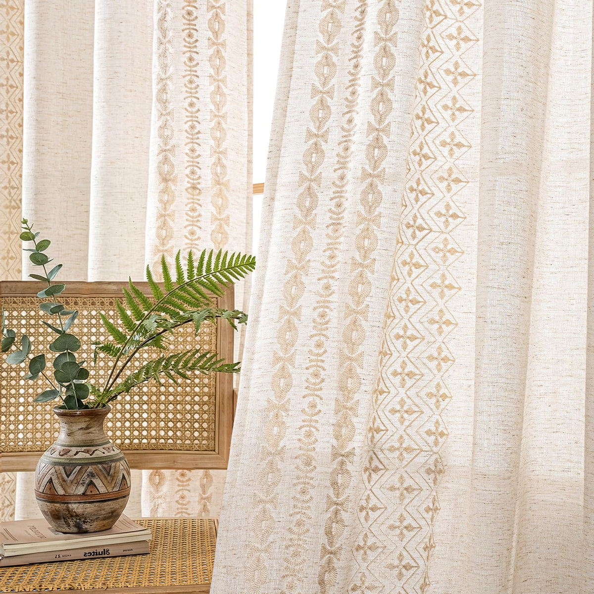 Beige Boho Linen-Texture Curtains, Set of Two