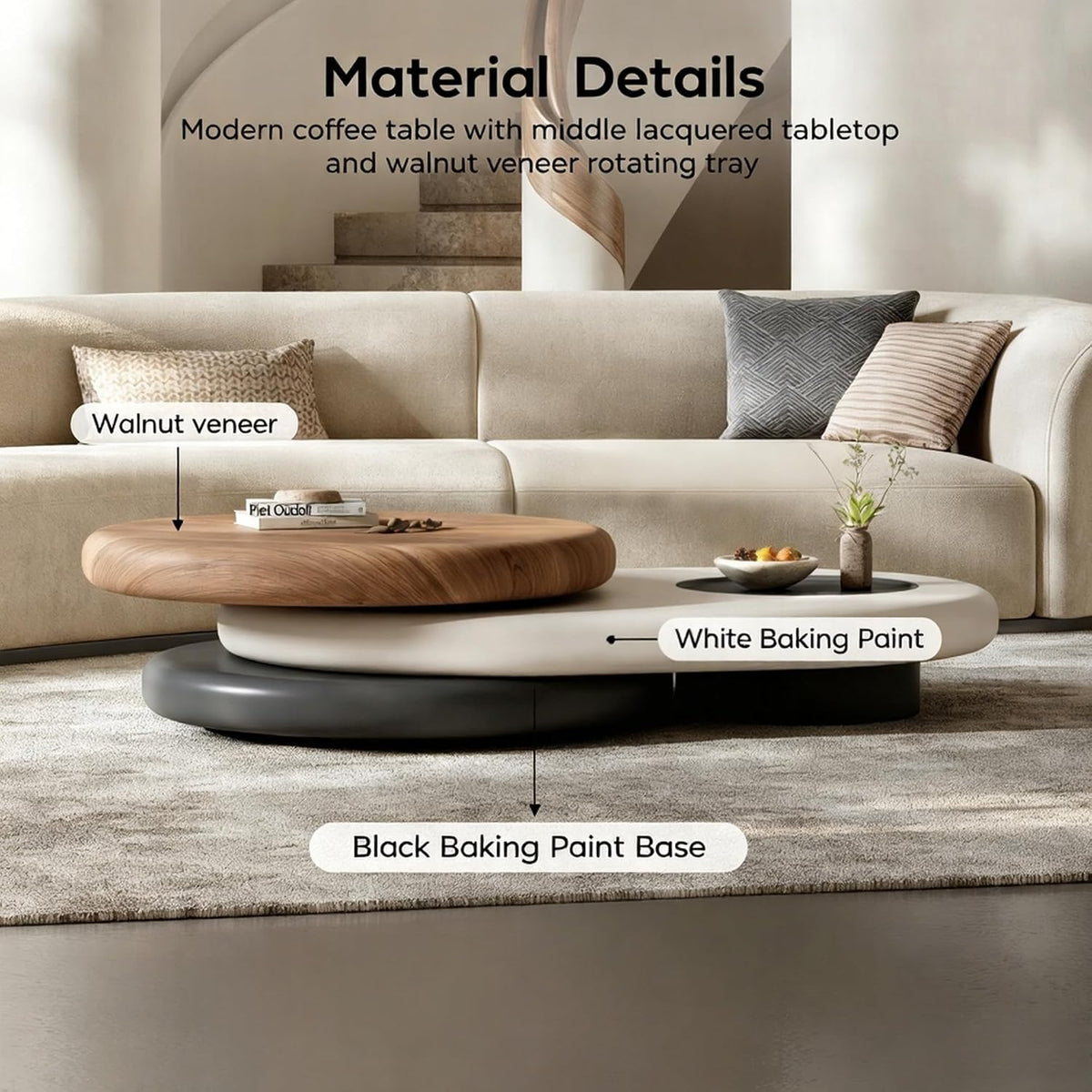 3‑Color Modern Coffee Table for Living Room, Rotating Walnut Veneer Tray