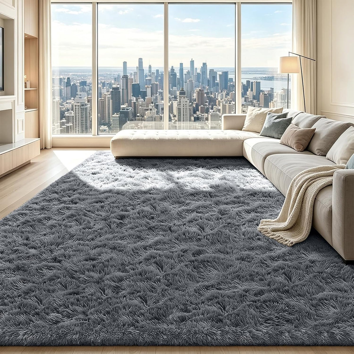 Mottled Beige 9x12 Area Rugs for Living Room, Fluffy Shag Rug Large Carpet