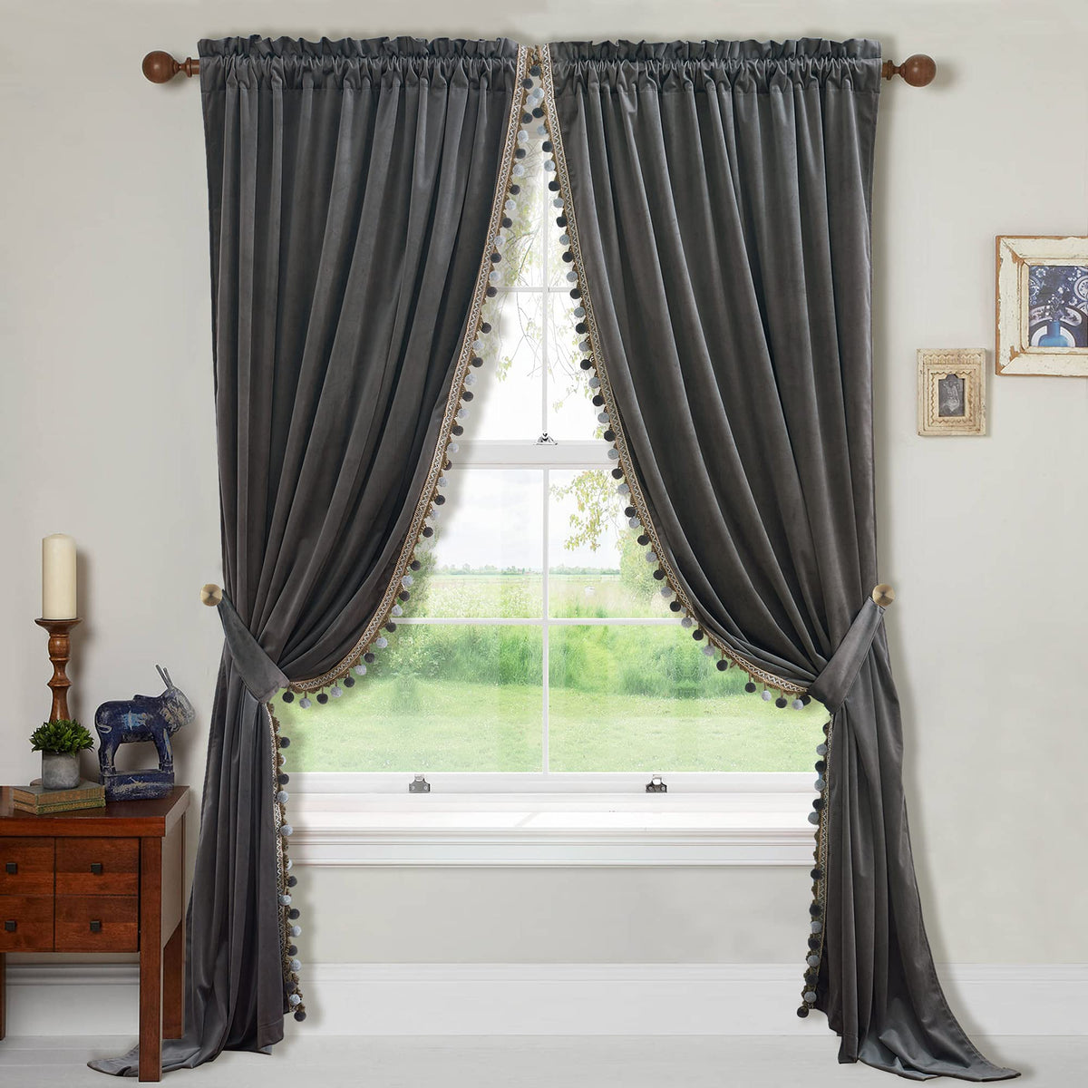 Pom-Pom Velvet Curtain Set with Tiebacks