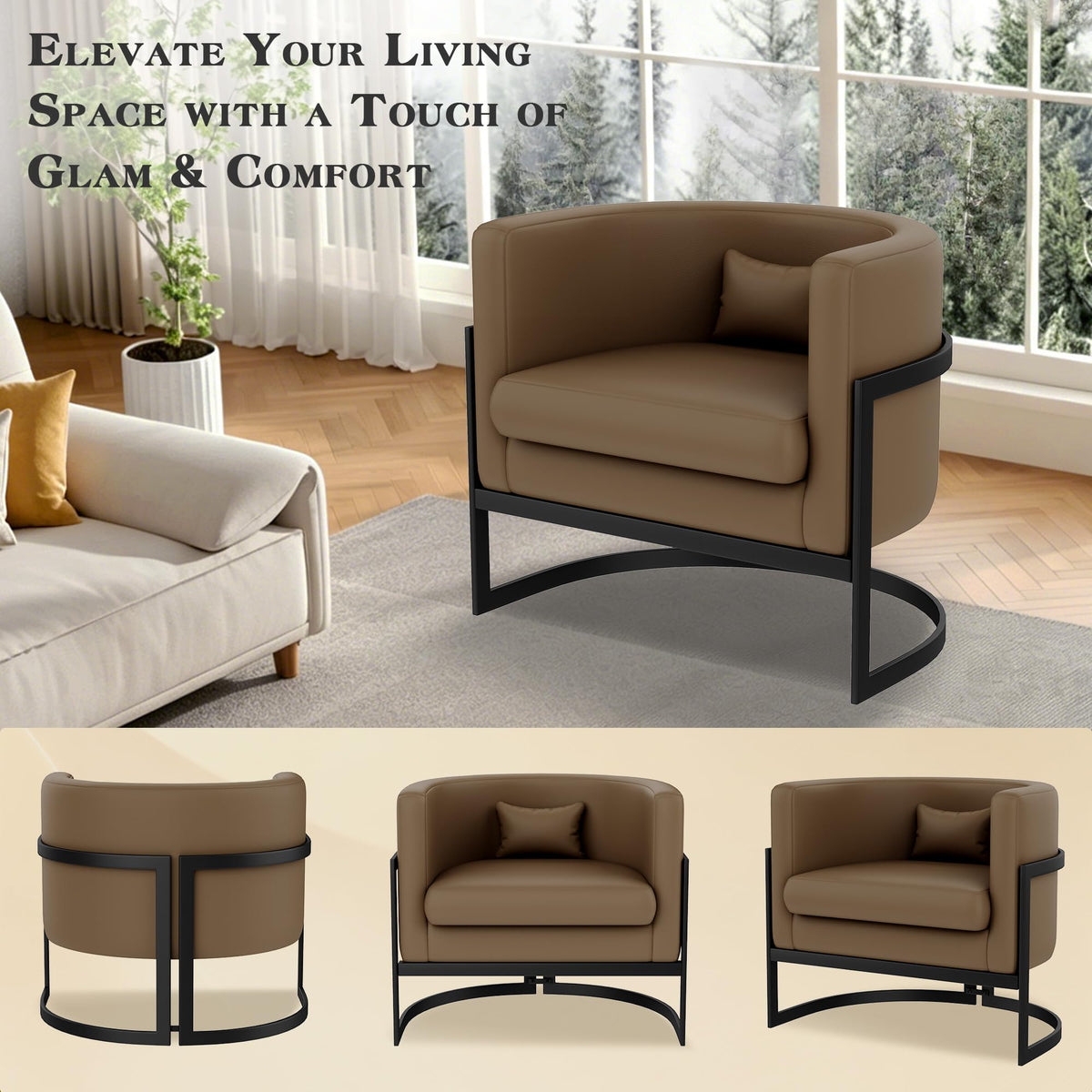 Velvet Accent Chair Ivory Modern Barrel Chair with Gold Legs