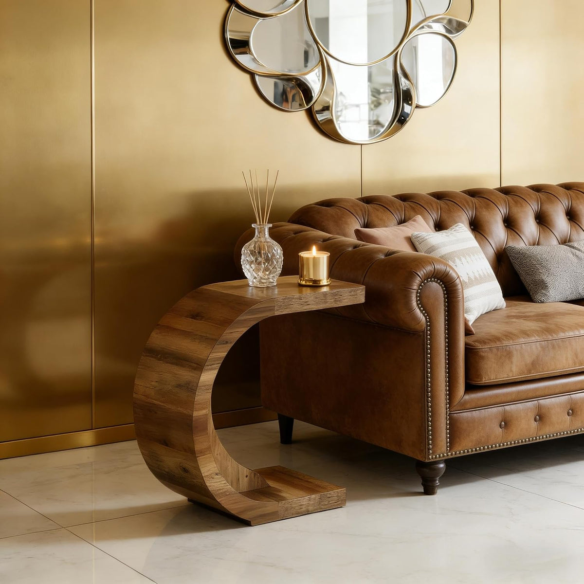 Rustic C-Shaped Solid Wood Side Table