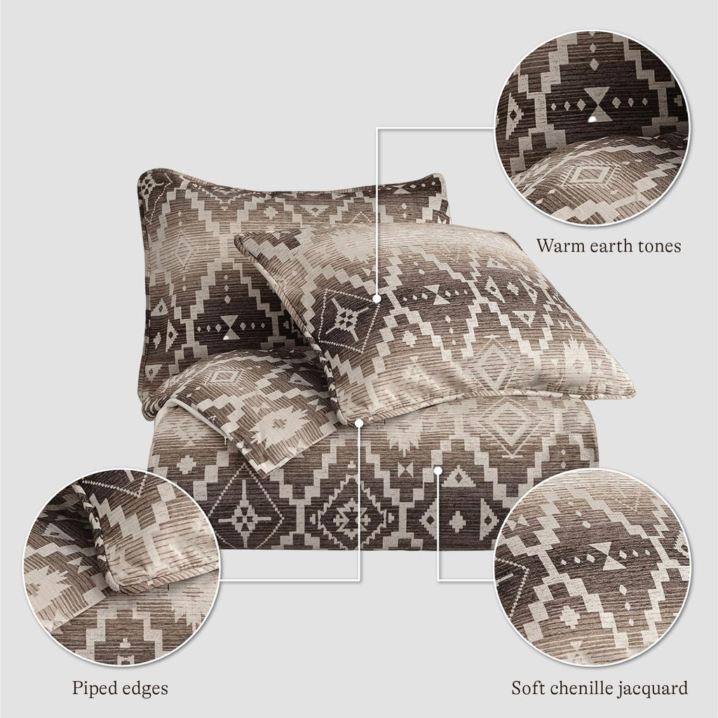 Paseo Road Chalet Aztec 3 Piece King Cream Brown Chenille Comforter Set