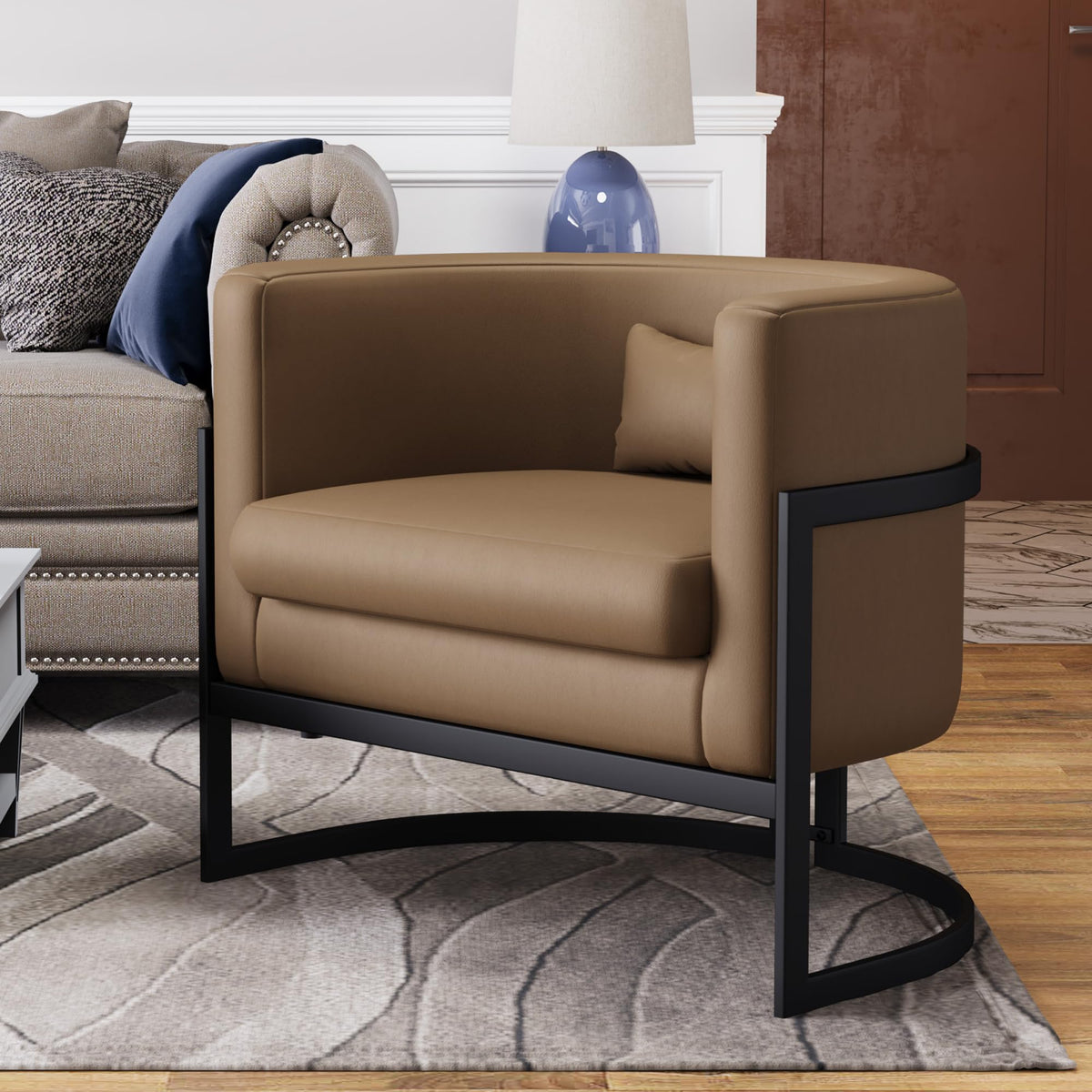 Velvet Accent Chair Ivory Modern Barrel Chair with Gold Legs