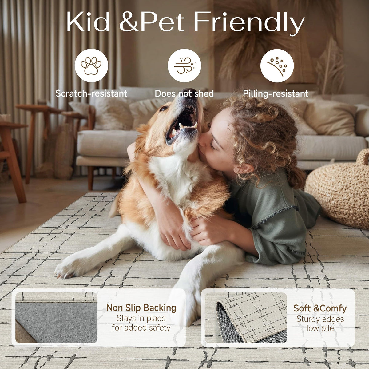 PureCozy 8x10 Beige Neutral Area Rug for Living Room Non Slip Carpet