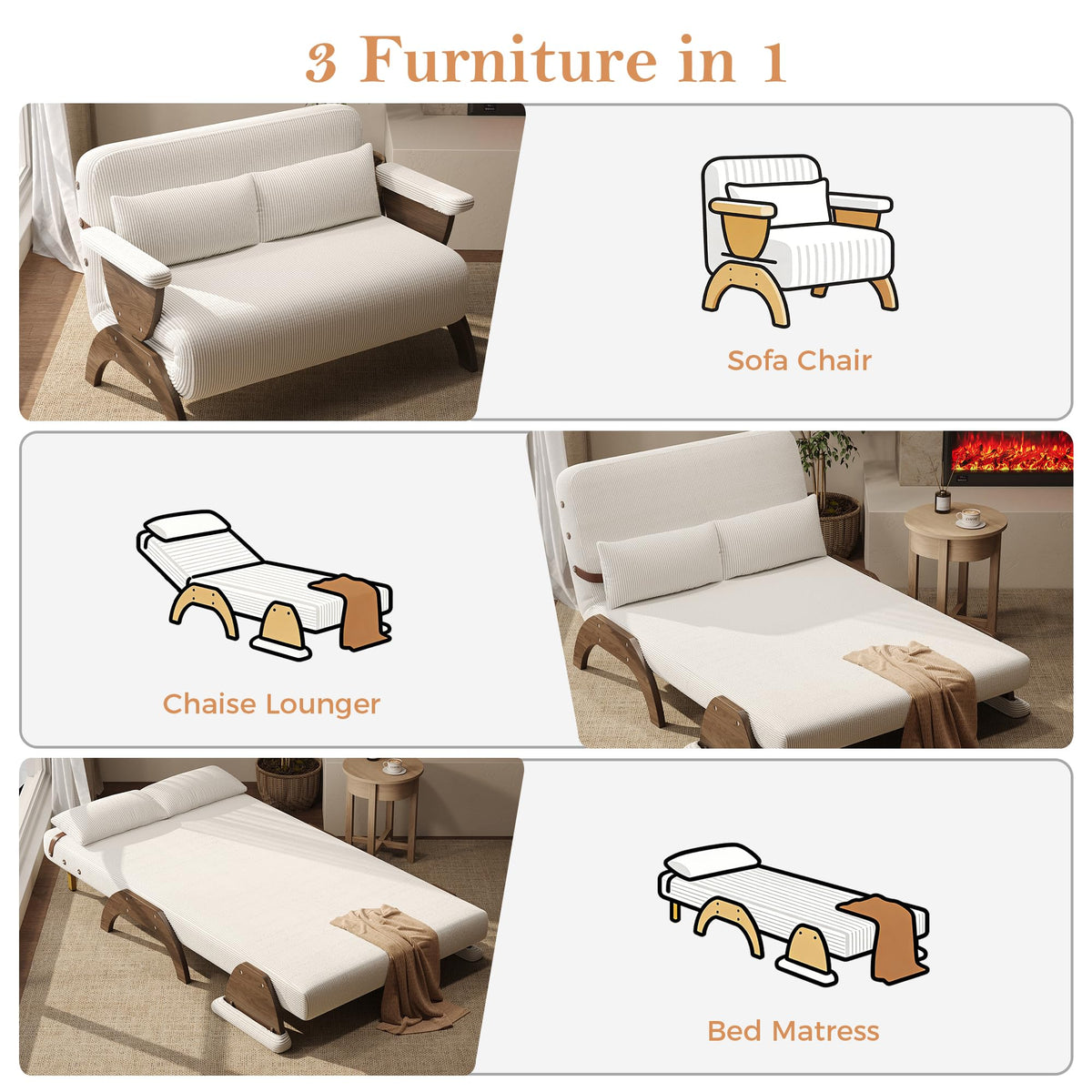 JASIWAY 47" 3-in-1 Convertible Sofa Sleeper Chair Bed for Adults, Futon