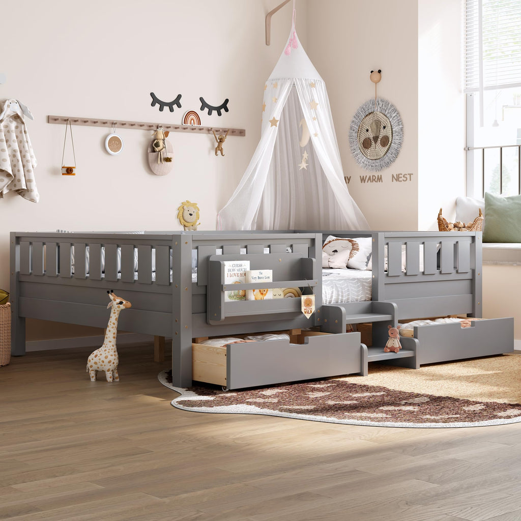 Montessori Bed with Stairs, Bookshelf & Storage Drawers