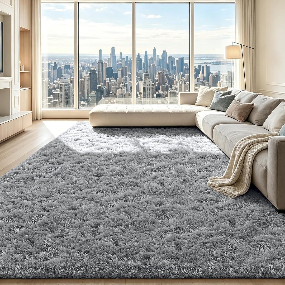 Mottled Beige 9x12 Area Rugs for Living Room, Fluffy Shag Rug Large Carpet