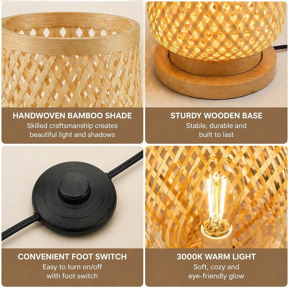 Boho Style Bamboo Woven Floor Lamp for Living Room, 36 in, Cozy Decor