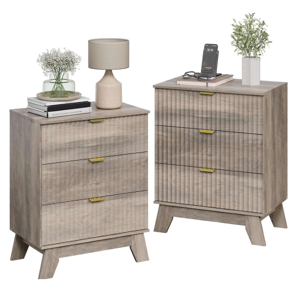 Fluted Nightstands with Charging Station, Set of 2