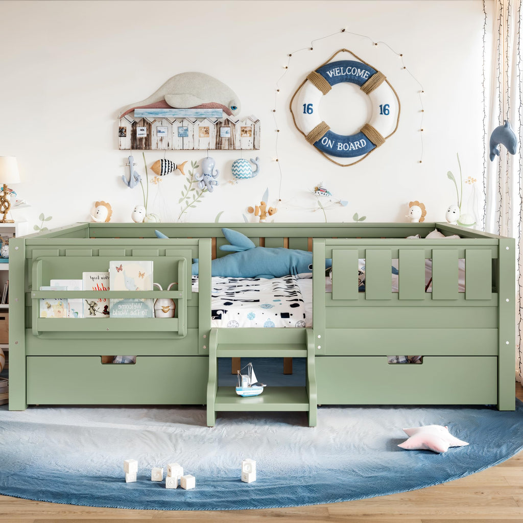 Montessori Bed with Stairs, Bookshelf & Storage Drawers