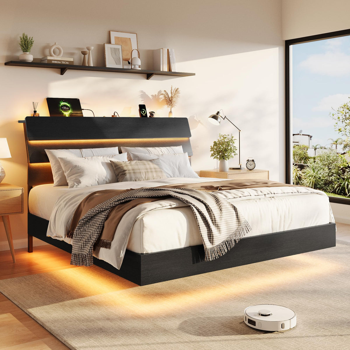 GalnFu King Size Floating Bed Frame with LED Lights