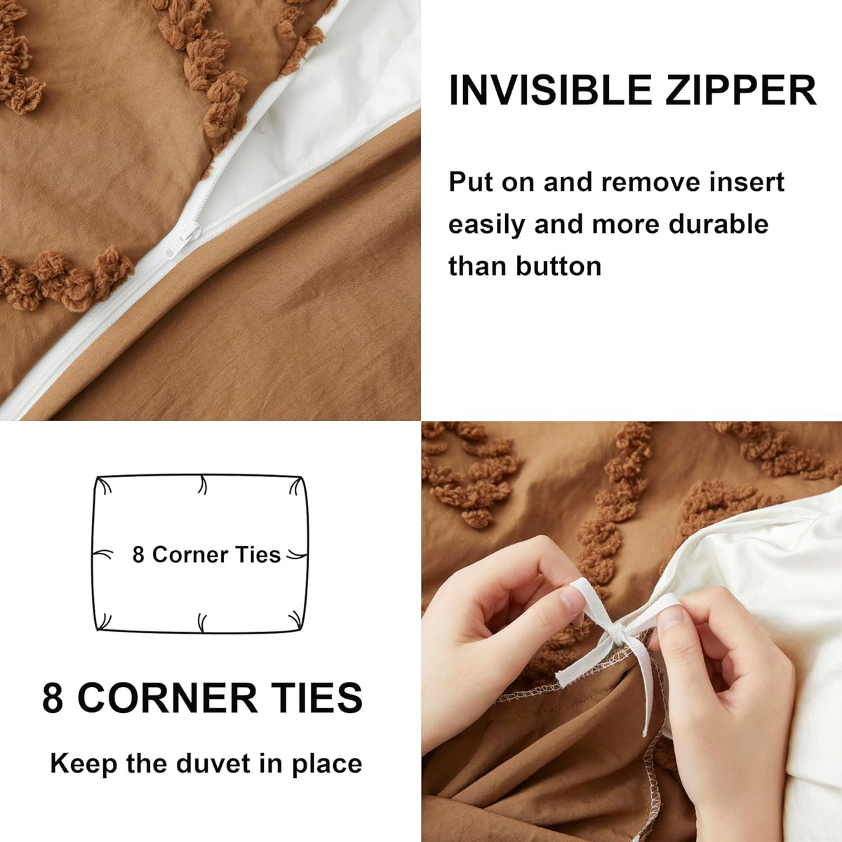 Oli Anderson Tufted Boho Queen Duvet Cover Set, Pumpkin Brown, 3 Pieces