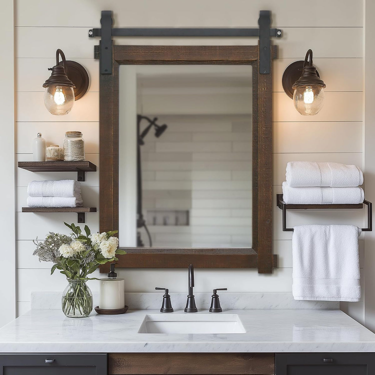 Rustic Barn-Door Bathroom Vanity Mirror