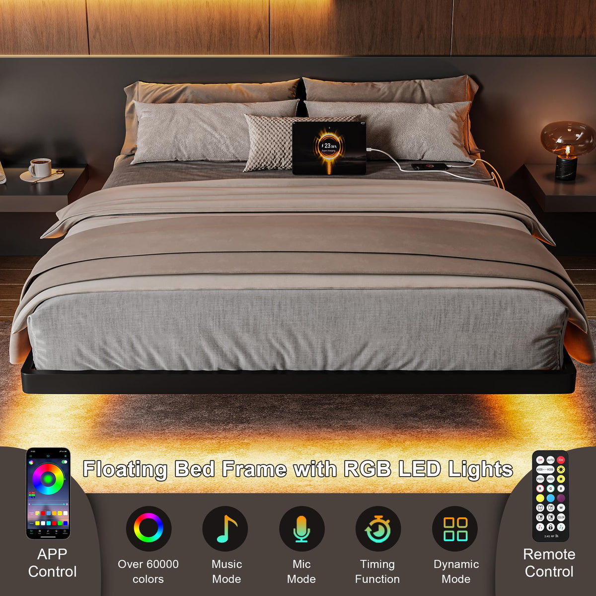 Feonase Full Size Floating Bed Frame with Charging Station and Led Lights