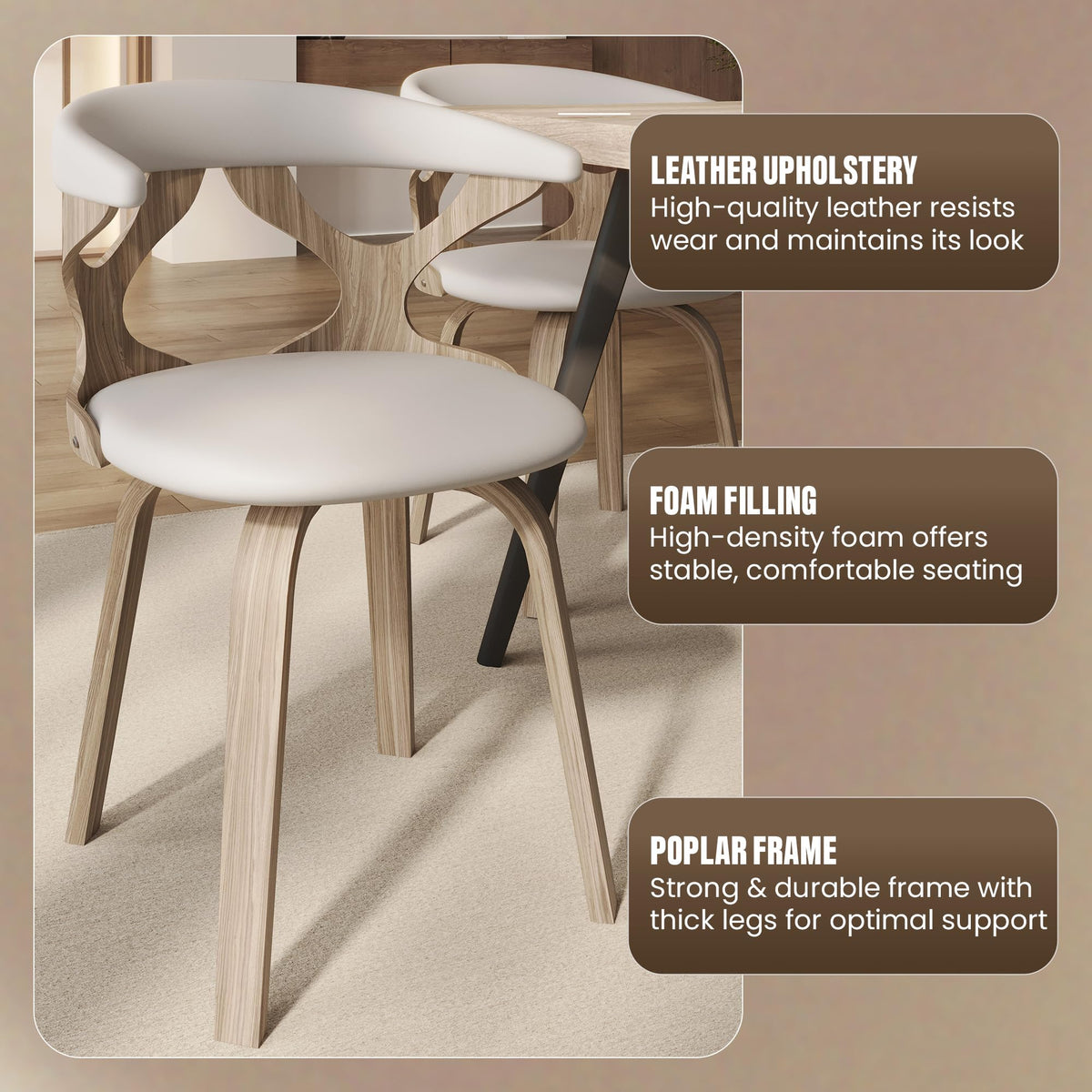 LeisureMod Klyne Leather Dining Chair with Poplar Wood Frame – Mid-Century Wooden