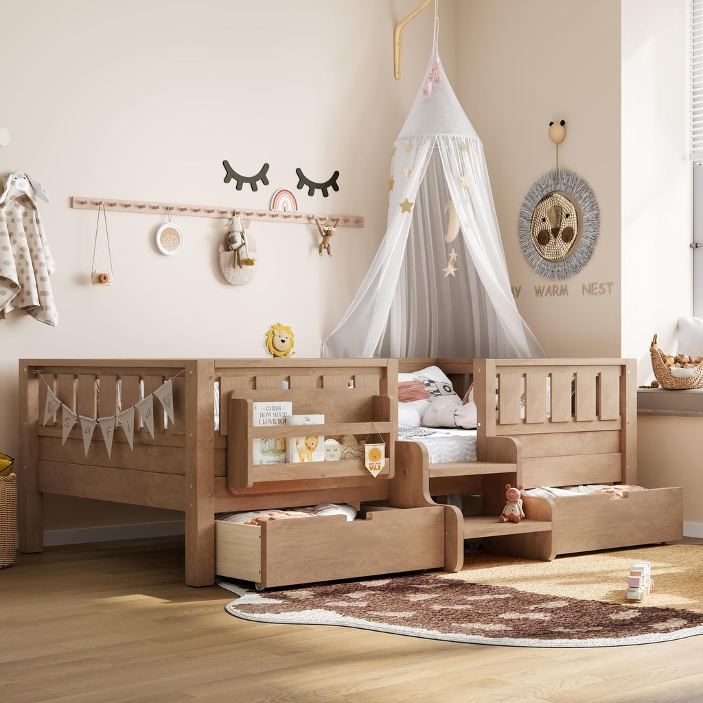 Montessori Bed with Stairs, Bookshelf & Storage Drawers