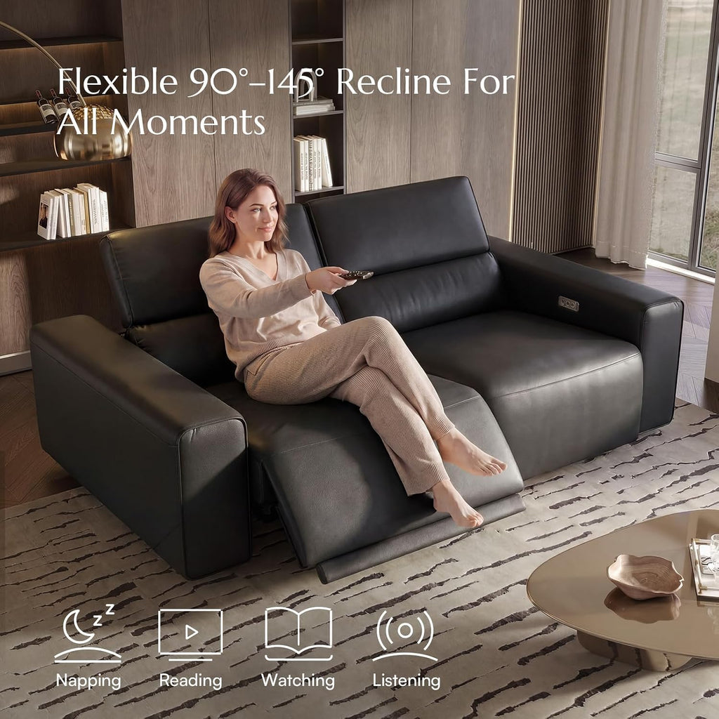POVISON Benjamin 77'' Faux Leather Reclining Sofa, 2 Seater, Black