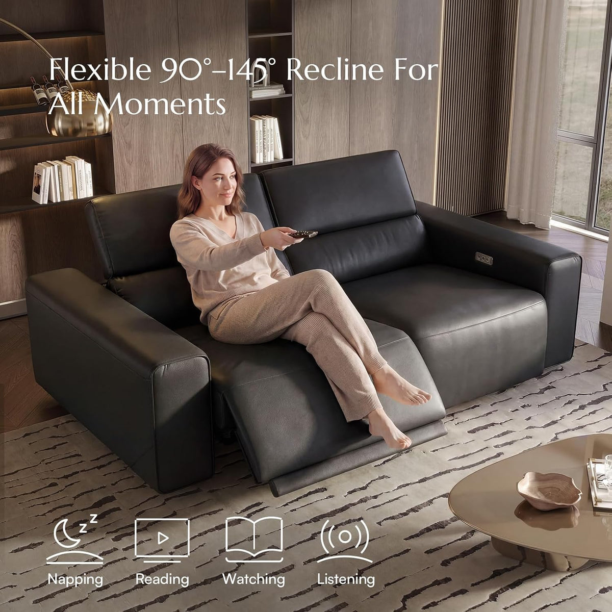 POVISON Benjamin 77'' Faux Leather Reclining Sofa, 2 Seater, Black