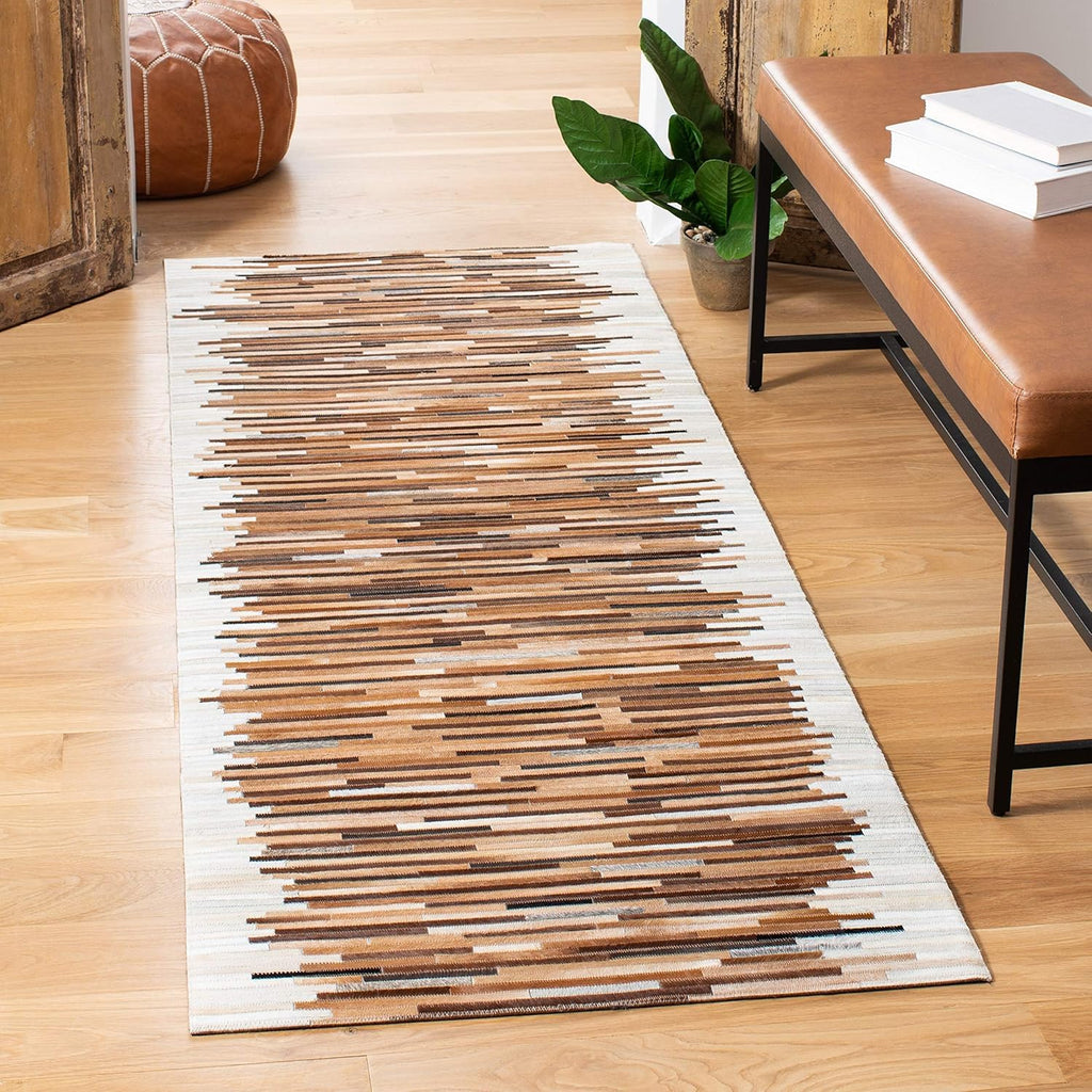 Beige Cowhide Patchwork Rug – Handmade Linear Leather Area Rug – Modern