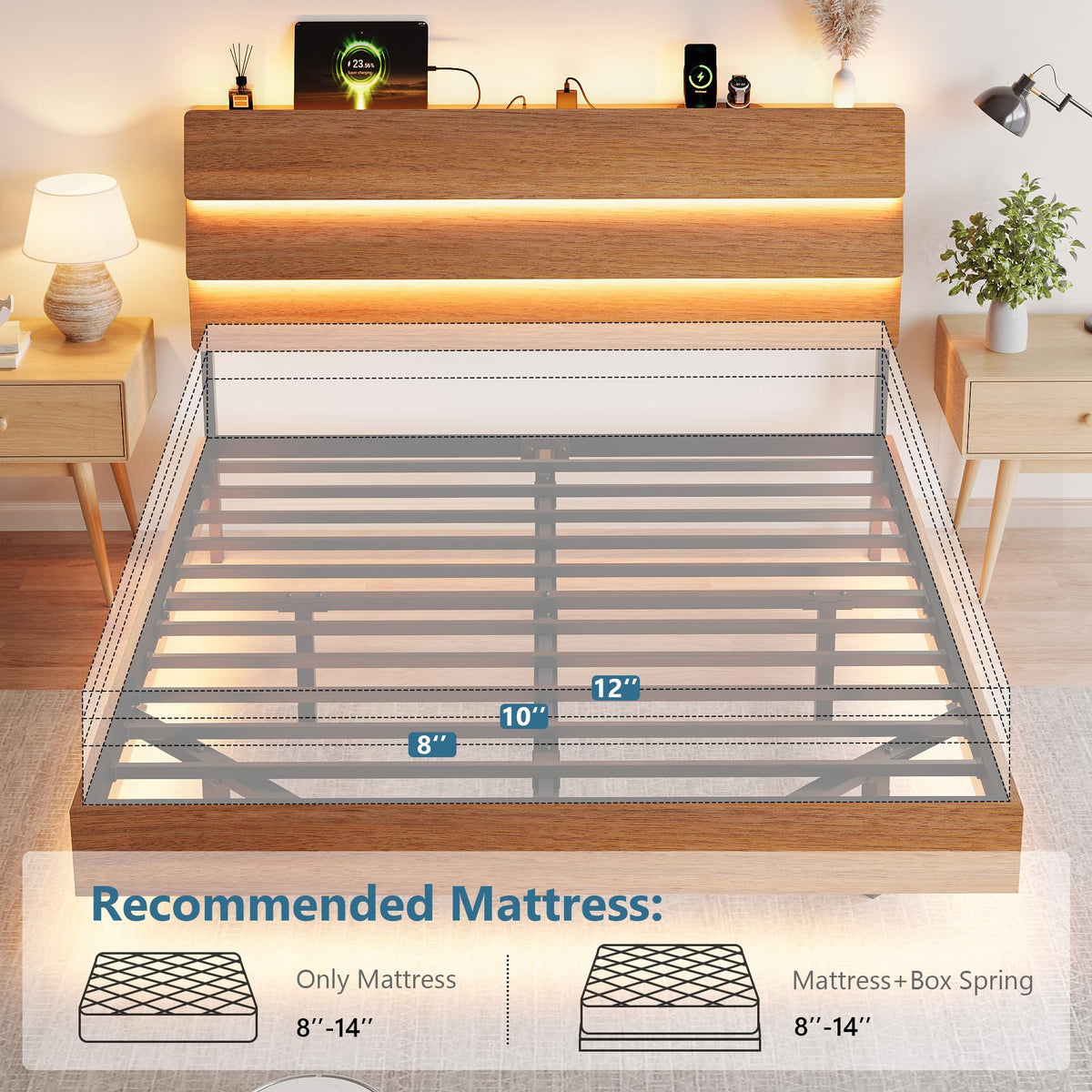 GalnFu King Size Floating Bed Frame with LED Lights