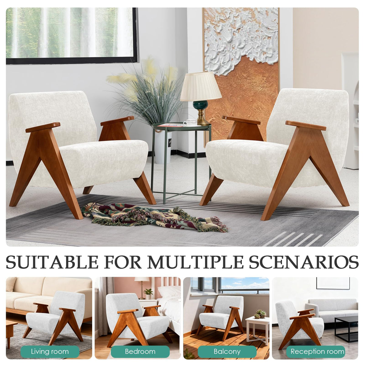 2 Pcs Home Accent Chair Mid Century Modern Accent Chair with Wood Frame