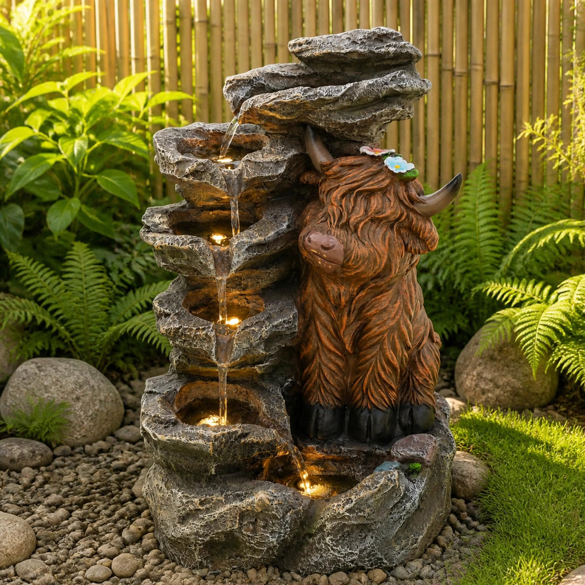 23" H Tiki Statue Outdoor Water Fountain with LED Lights