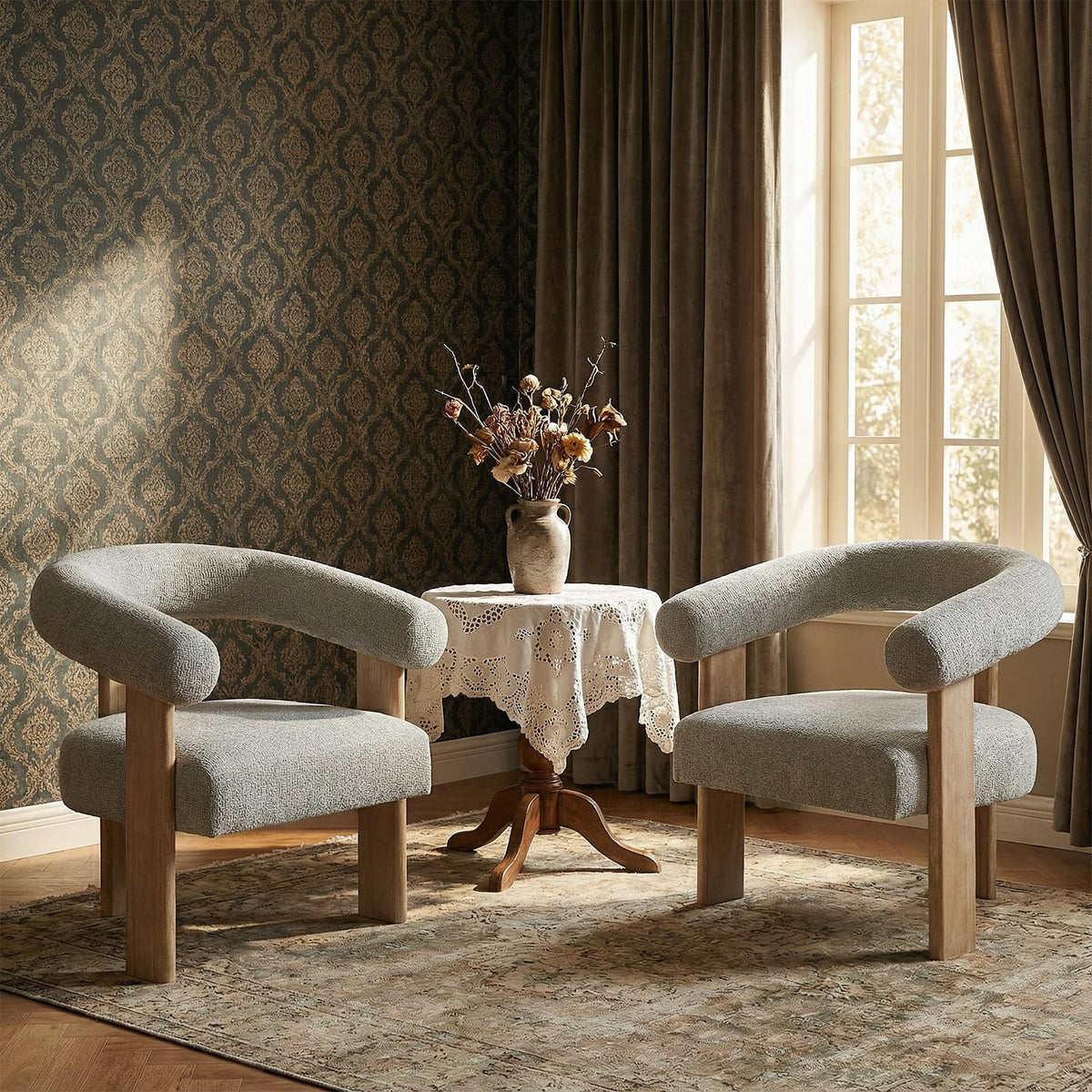 VKNOW Barrel Accent Chairs Set of 2 with Armrests and Rubberwood Legs