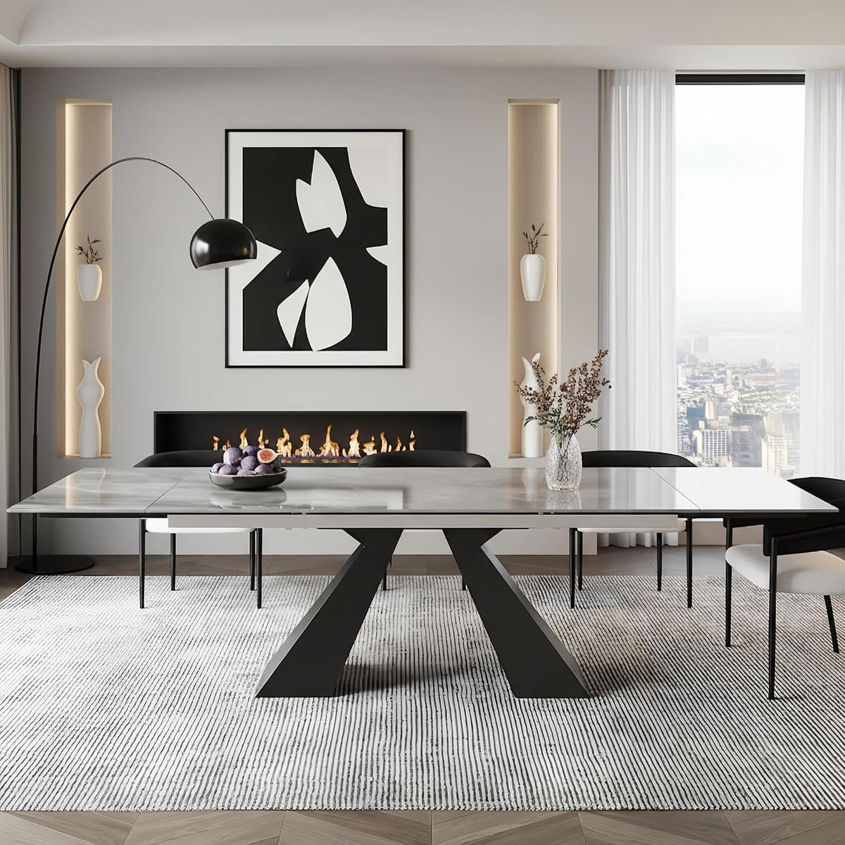 9 Piece Marble Expandable Table Set with 8 Comfy Dining Chairs