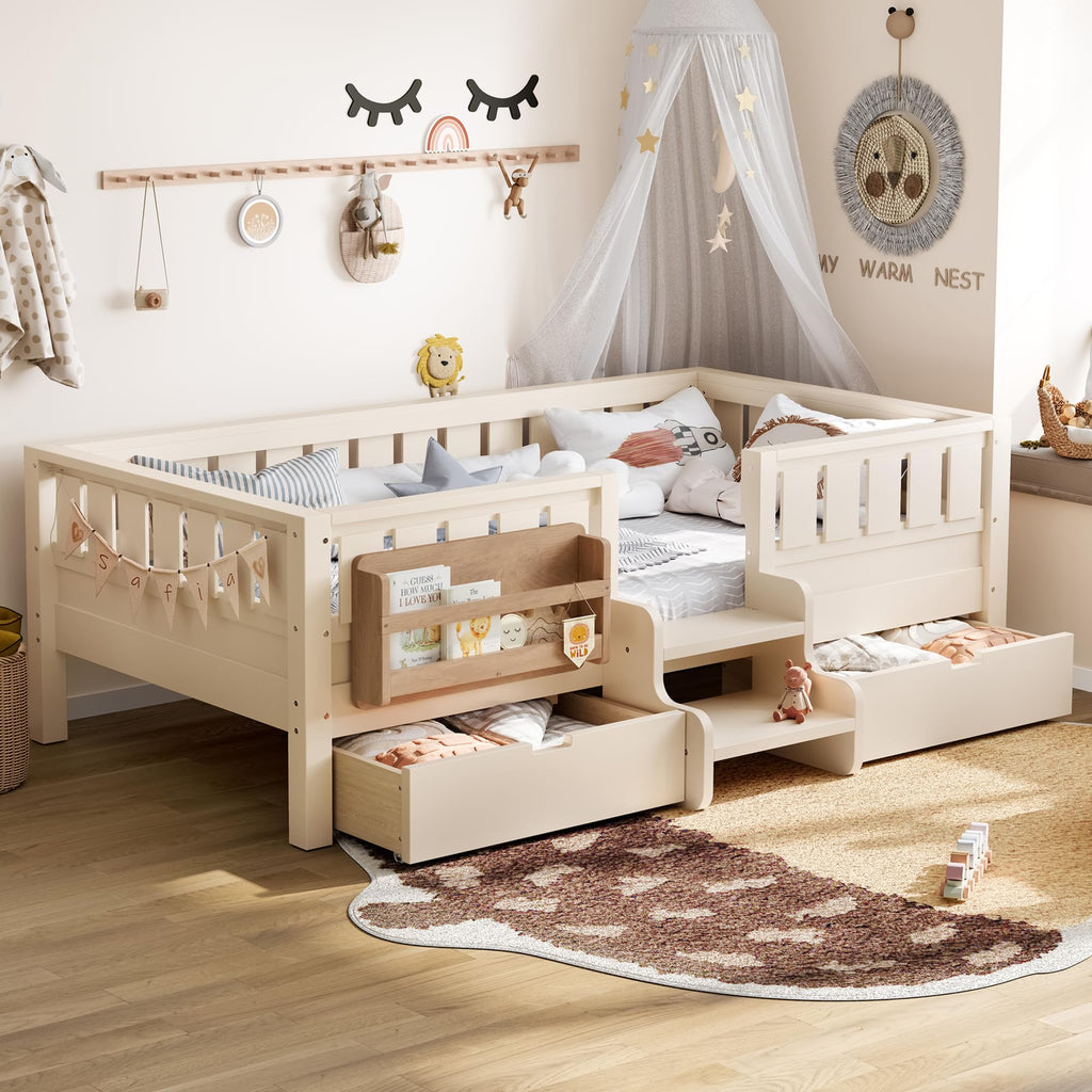 Montessori Bed with Stairs, Bookshelf & Storage Drawers