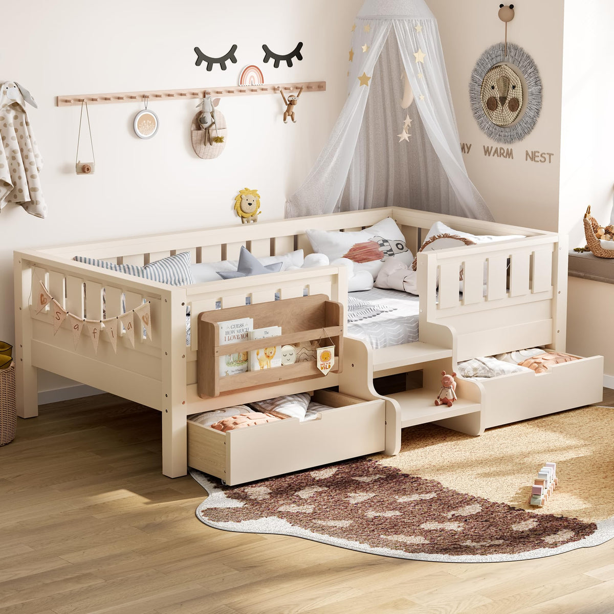 Montessori Bed with Stairs, Bookshelf & Storage Drawers
