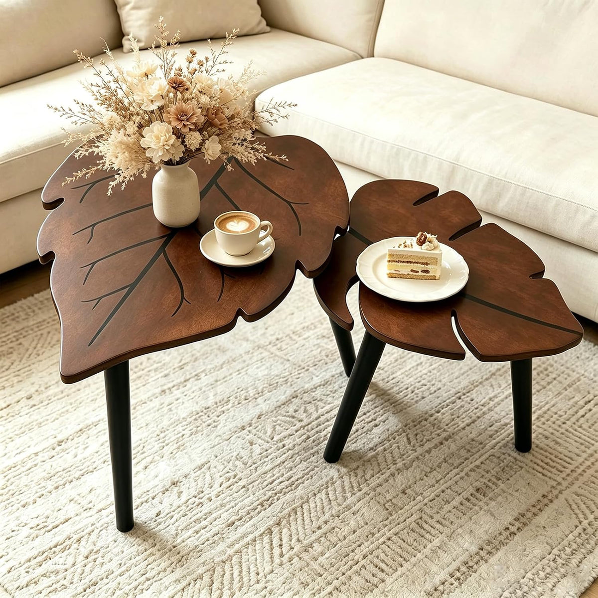 Nesting Coffee Table Set of 2, Monstera Leaf Wooden Side Table