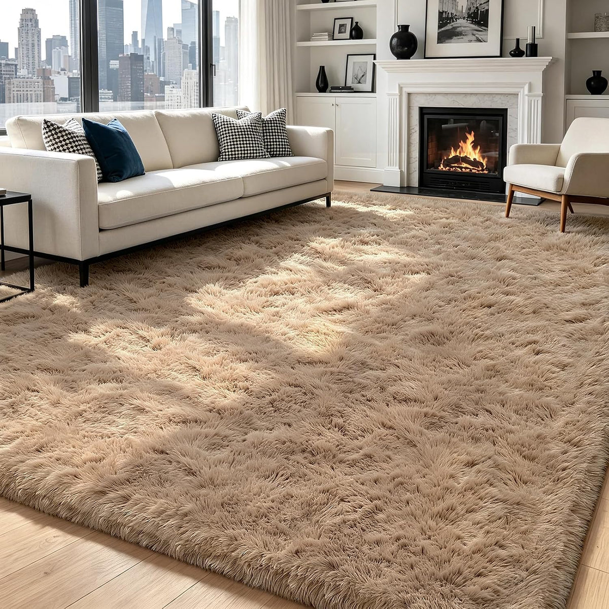 Mottled Beige 9x12 Area Rugs for Living Room, Fluffy Shag Rug Large Carpet