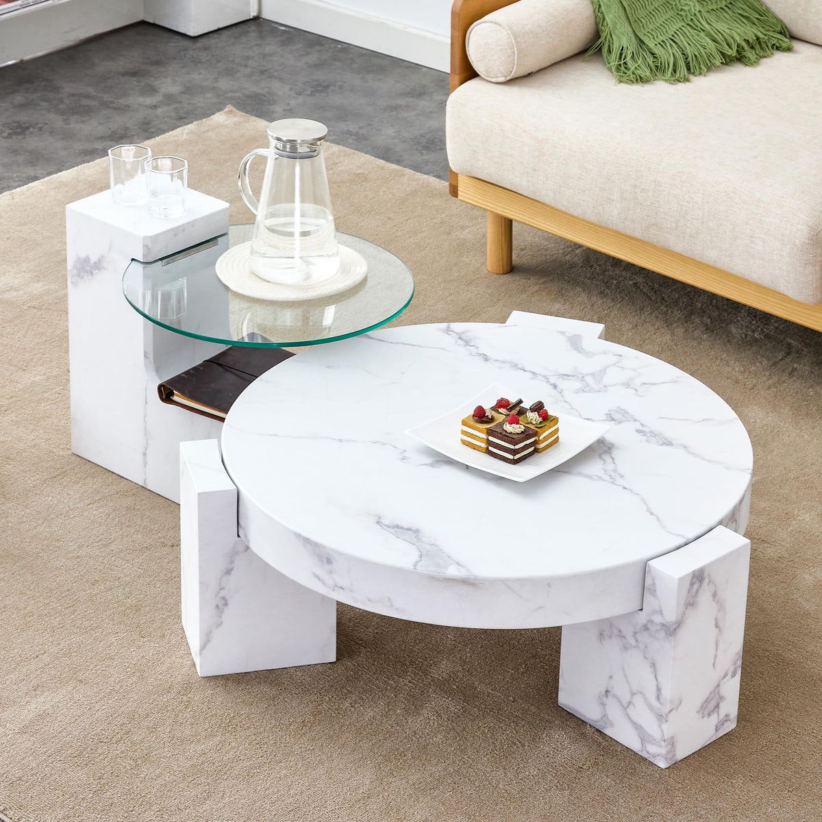 Modern Coffee Table with End Table Set, 30 Inch Combination Wooden Round Coffee Table Minimalist Center Table for Living Room, Bedroom, Office