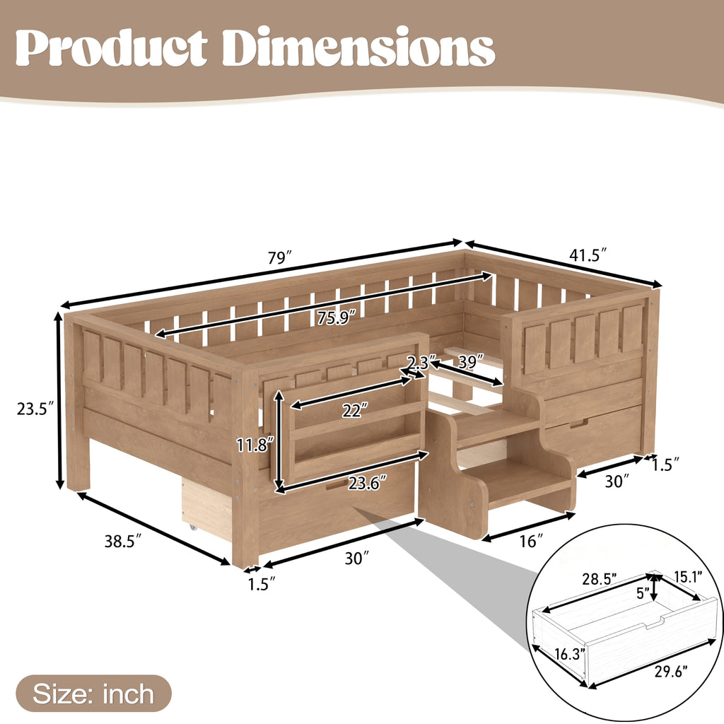 Montessori Bed with Stairs, Bookshelf & Storage Drawers