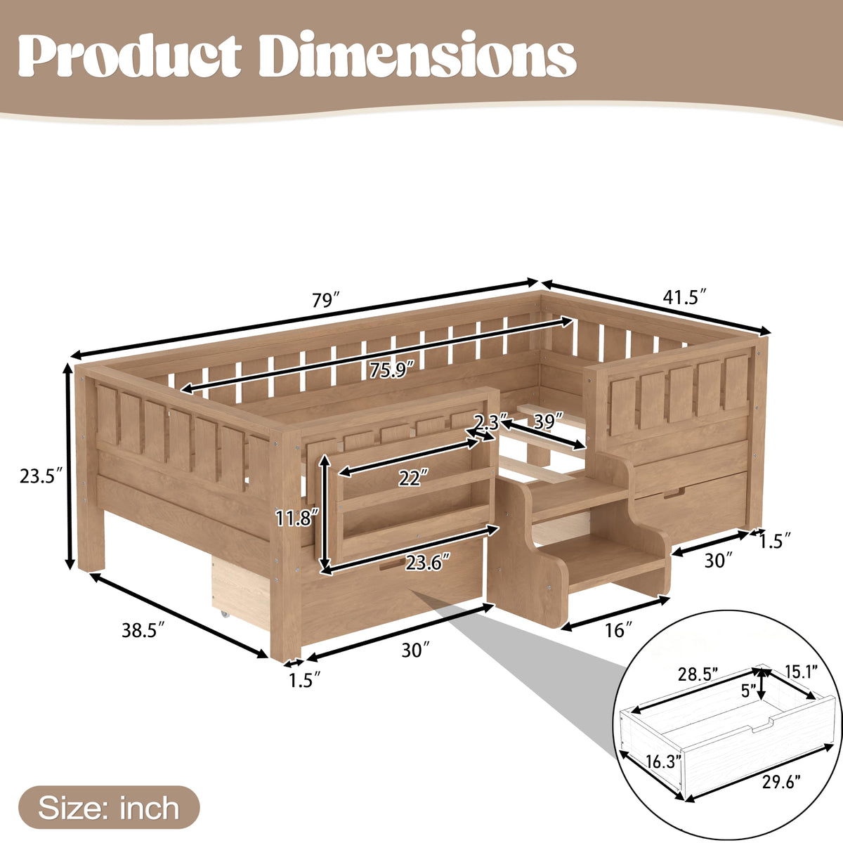 Montessori Bed with Stairs, Bookshelf & Storage Drawers