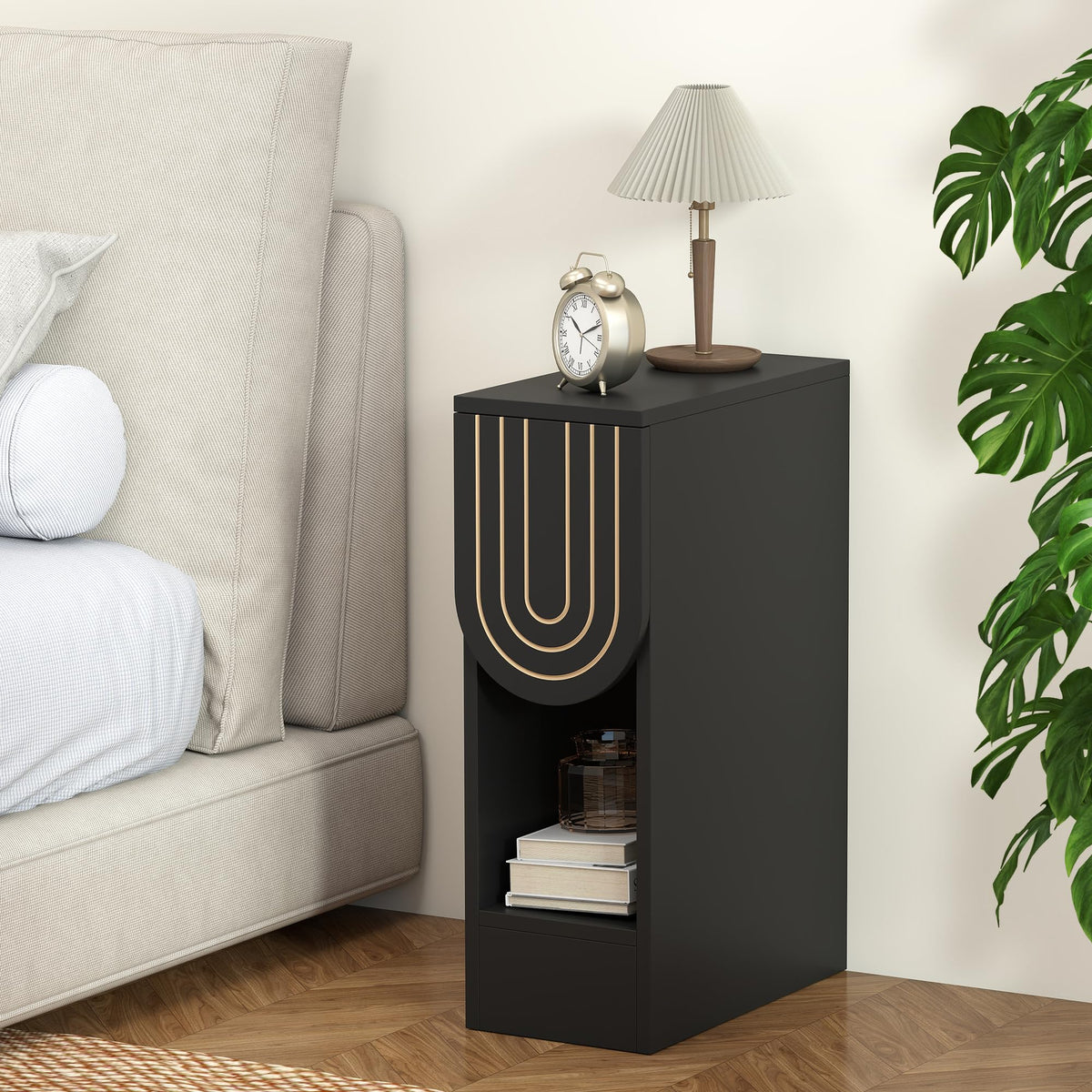 Narrow Carved Wood Nightstands, Set of Two