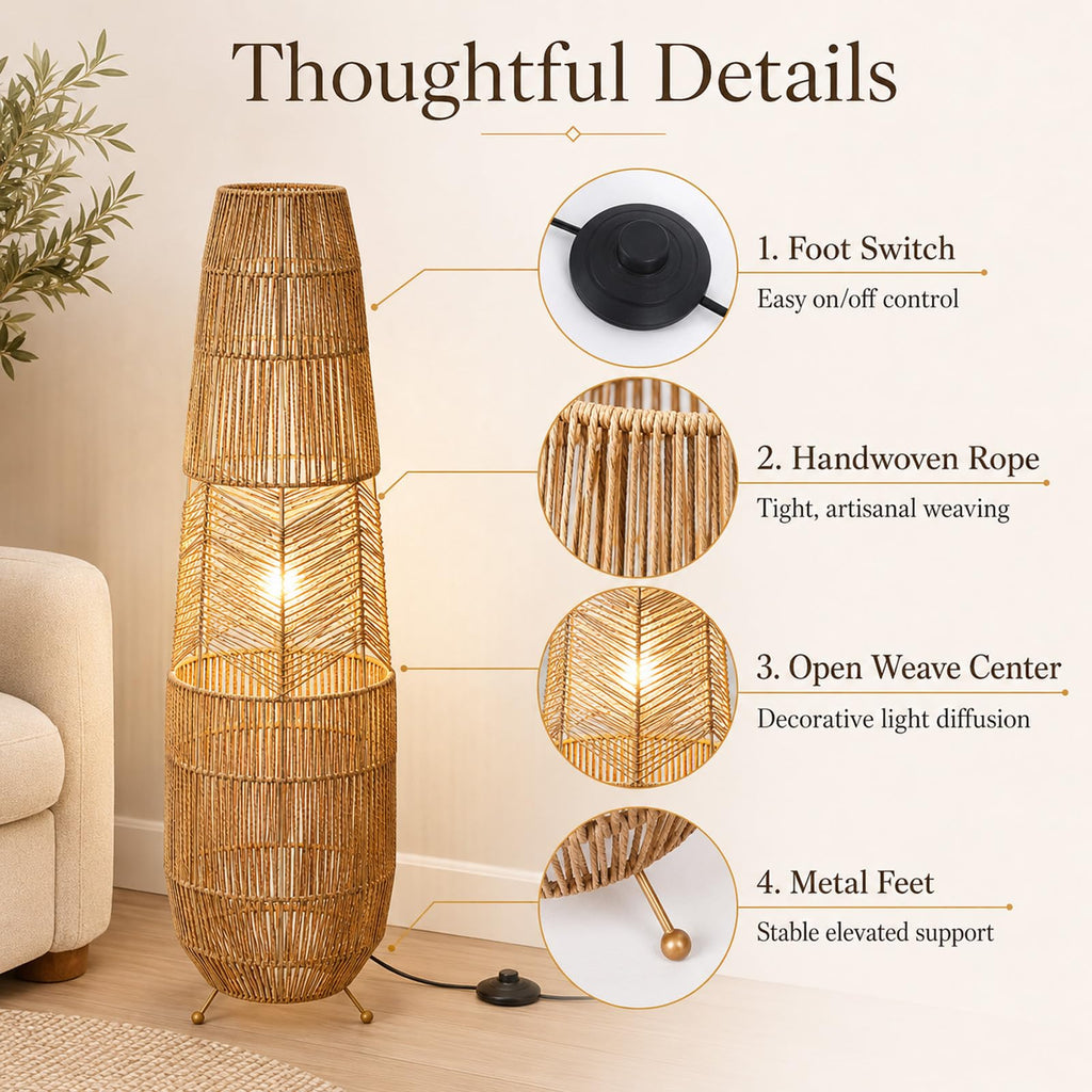 Boho Style Bamboo Woven Floor Lamp for Living Room, 36 in, Cozy Decor
