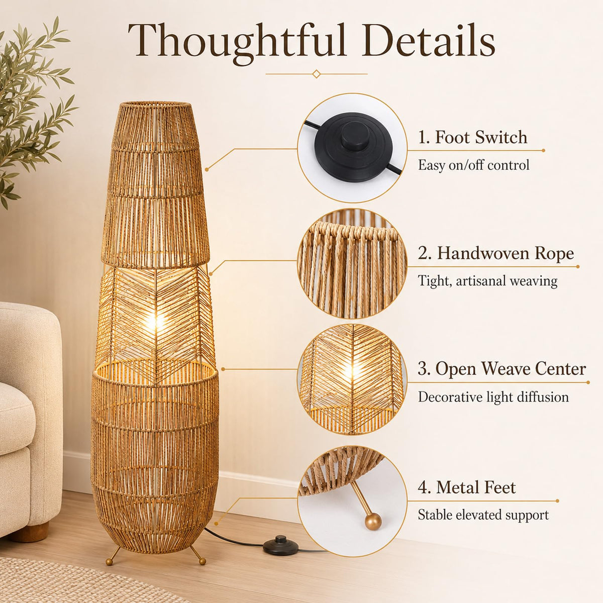 Boho Style Bamboo Woven Floor Lamp for Living Room, 36 in, Cozy Decor