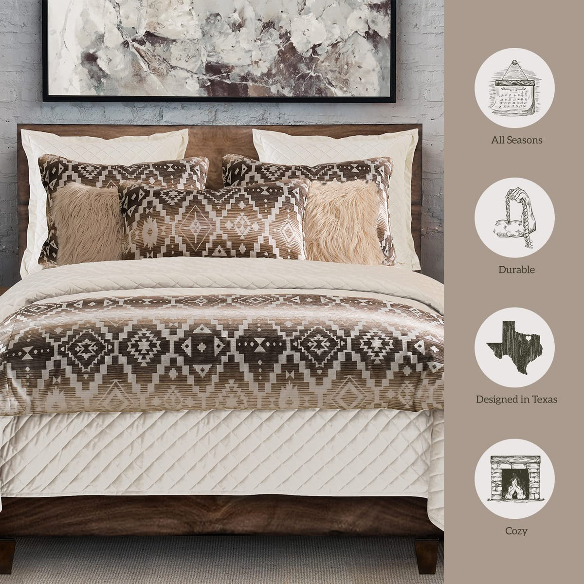 Paseo Road Chalet Aztec 3 Piece King Cream Brown Chenille Comforter Set
