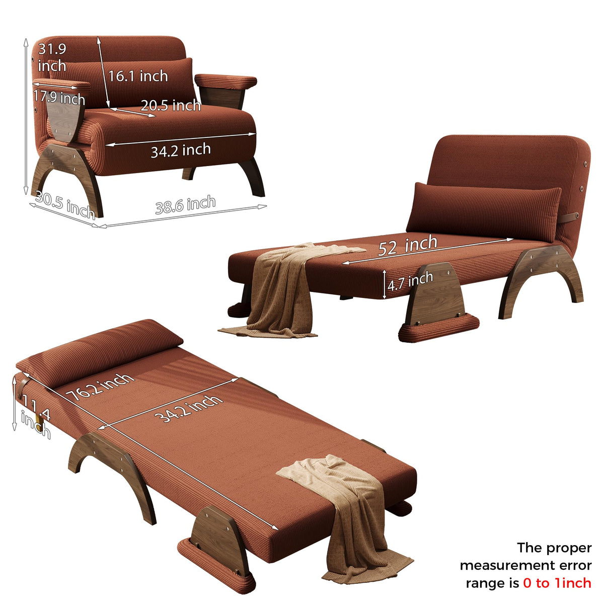JASIWAY 47" 3-in-1 Convertible Sofa Sleeper Chair Bed for Adults, Futon
